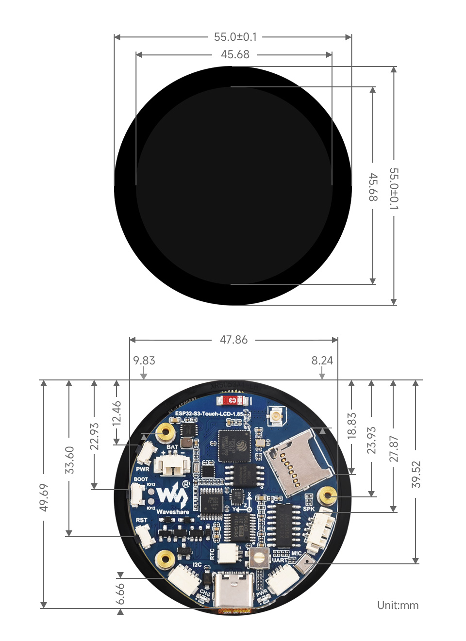 ESP32-S3 Touch LCD 1.85, outline dimensions
